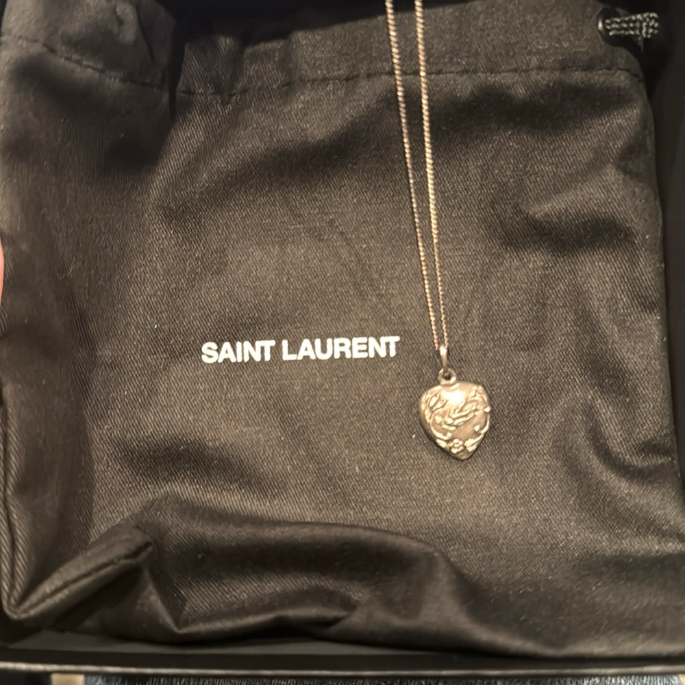 SAINT LAURENT Silver-Tone Charm HEART & BIRD Pendant Necklace